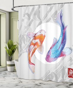 Watercolor Style Koi Fish Couple Shower Curtain, Eastern Marine Life Bathroom Decor