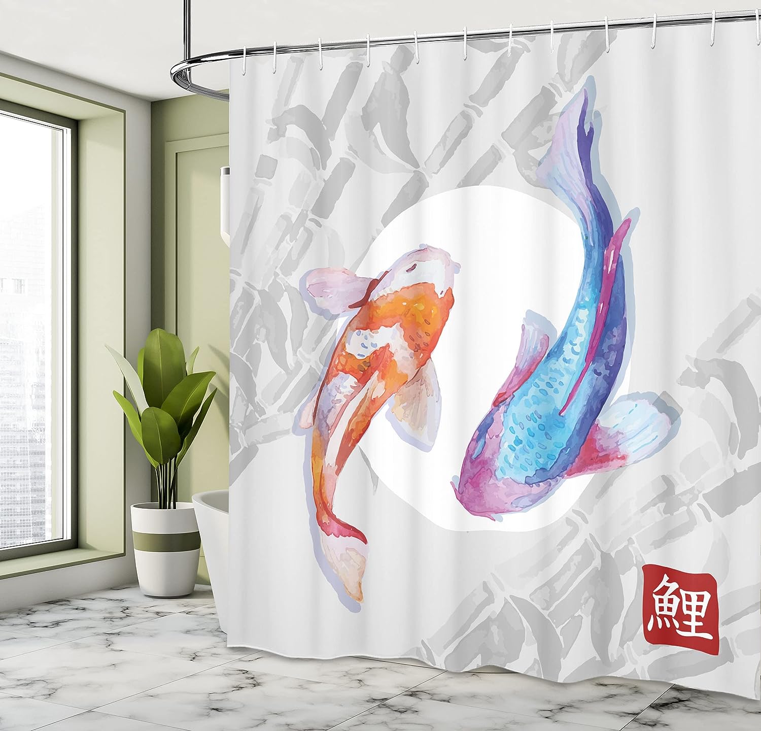 Watercolor Style Koi Fish Couple Shower Curtain, Eastern Marine Life Bathroom Decor