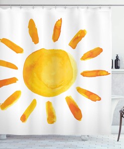 Watercolor Sun Illustration Shower Curtain, Playroom Painting Style for Bathroom Decor, Yellow and White Cloth Fabric