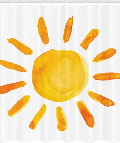 Watercolor Sun Illustration Shower Curtain, Playroom Painting Style for Bathroom Decor, Yellow and White Cloth Fabric