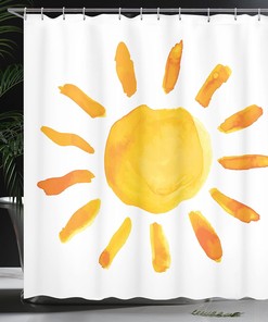 Watercolor Sun Illustration Shower Curtain, Playroom Painting Style for Bathroom Decor, Yellow and White Cloth Fabric