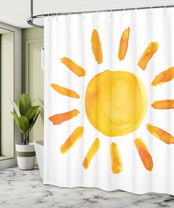 Watercolor Sun Illustration Shower Curtain, Playroom Painting Style for Bathroom Decor, Yellow and White Cloth Fabric