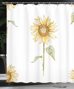 Watercolor Sunflowers Shower Curtain, Minimalistic Design Art, Bathroom Decor