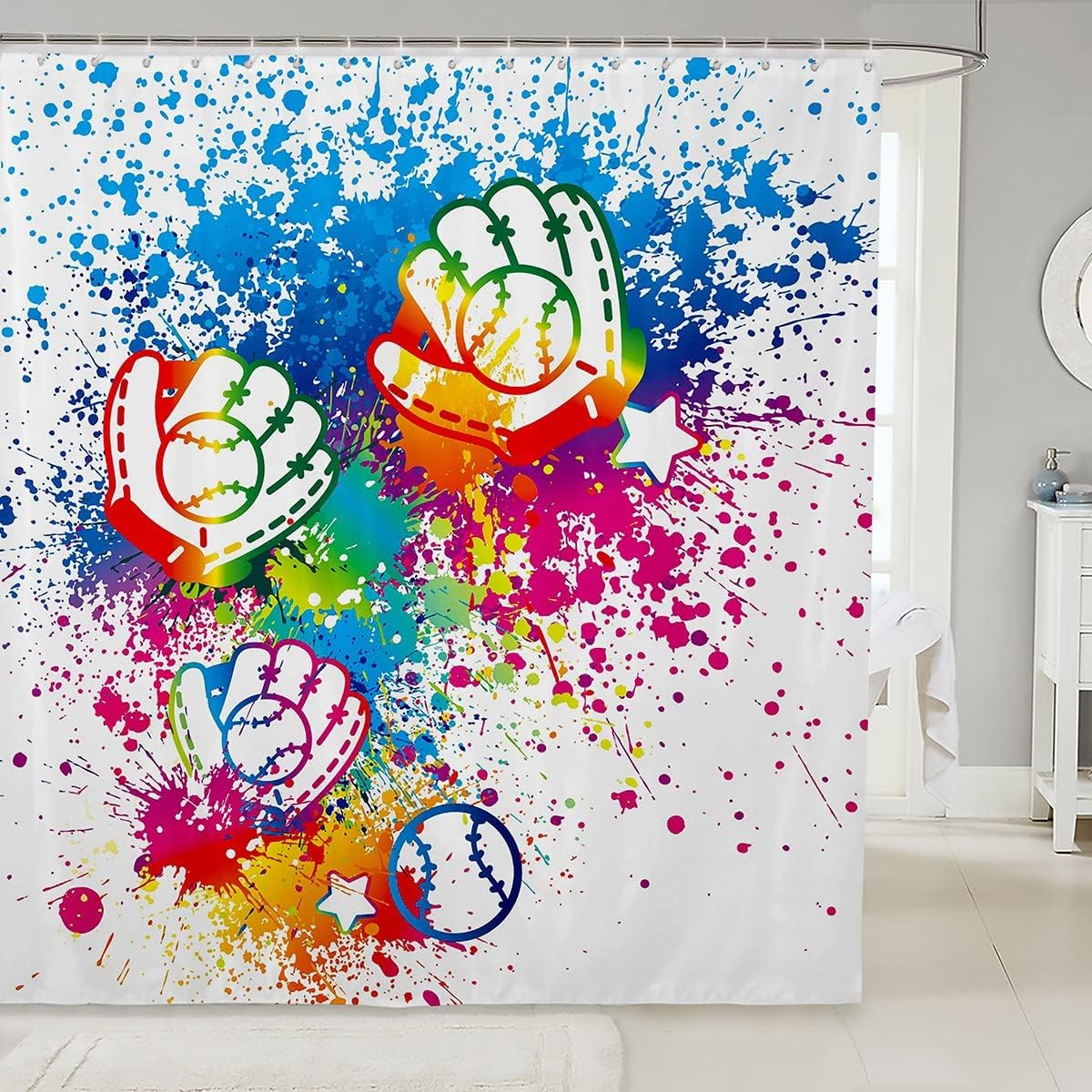 Watercolor Tie-dye Graffiti Baseball Shower Curtain for Sports Bathroom Decor