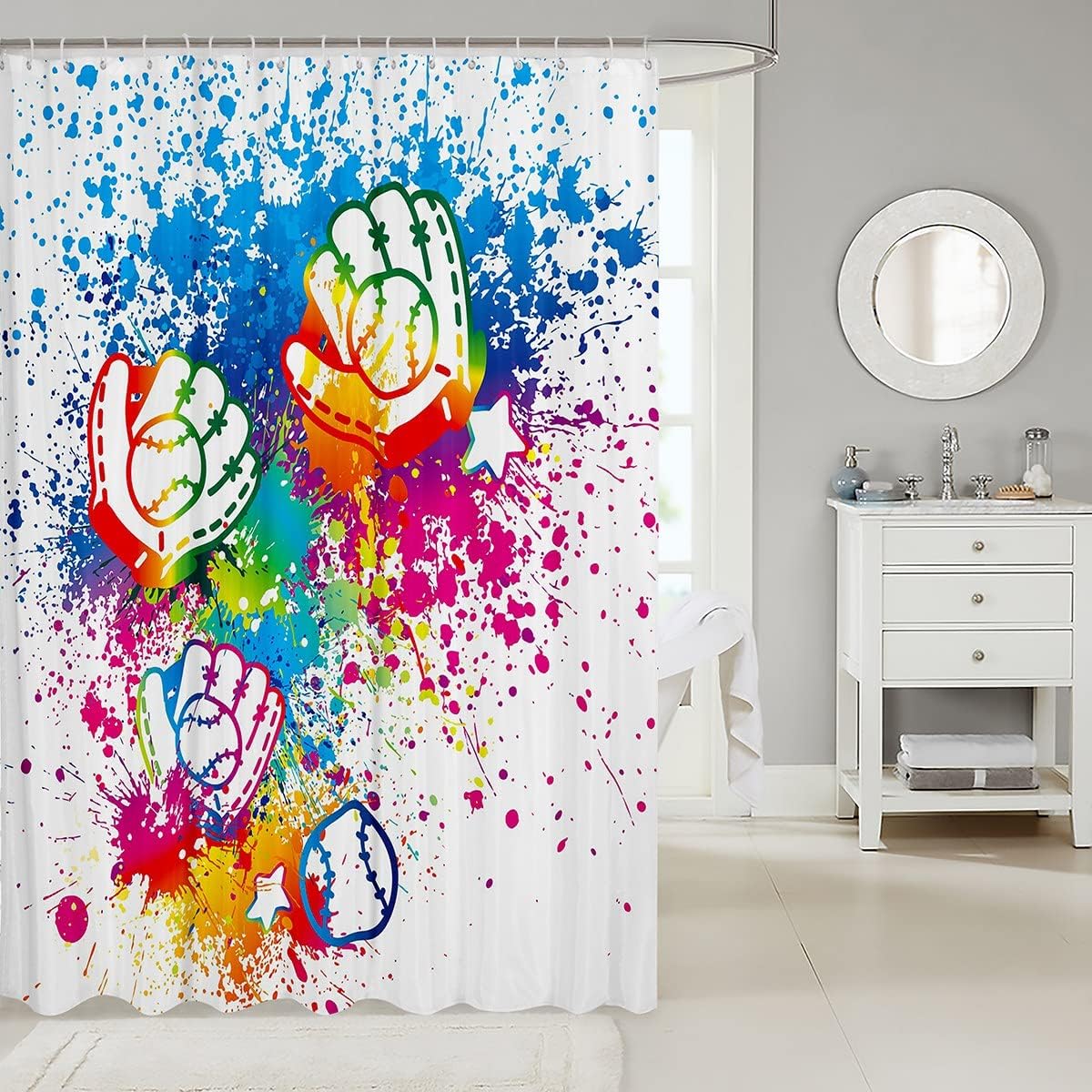 Watercolor Tie-dye Graffiti Baseball Shower Curtain for Sports Bathroom Decor