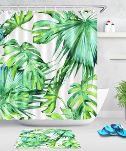 Watercolor Tropical Jungle Leaves Shower Curtain Bathroom Decor 