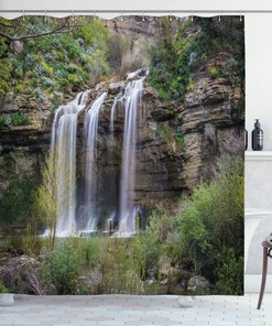 Waterfall Forest Jungle Sicily Nature Shower Curtain Brown Green White Bathroom Decor