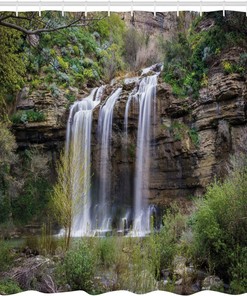 Waterfall Forest Jungle Sicily Nature Shower Curtain Brown Green White Bathroom Decor