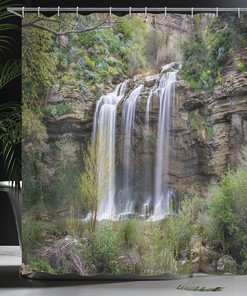 Waterfall Forest Jungle Sicily Nature Shower Curtain Brown Green White Bathroom Decor
