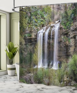 Waterfall Forest Jungle Sicily Nature Shower Curtain Brown Green White Bathroom Decor