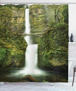Waterfall Nature Shower Curtain, Forest Scenery Falls Bridge Path Print for Bathroom Decor, Green Cloth Fabric