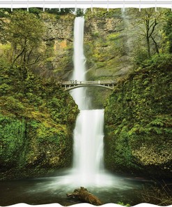Waterfall Nature Shower Curtain, Forest Scenery Falls Bridge Path Print for Bathroom Decor, Green Cloth Fabric