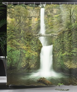 Waterfall Nature Shower Curtain, Forest Scenery Falls Bridge Path Print for Bathroom Decor, Green Cloth Fabric