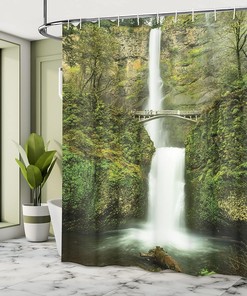 Waterfall Nature Shower Curtain, Forest Scenery Falls Bridge Path Print for Bathroom Decor, Green Cloth Fabric