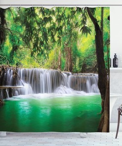 Waterfall Tropical Forest - Green & Brown Shower Curtain, Thailand Bathroom Decor