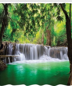 Waterfall Tropical Forest - Green & Brown Shower Curtain, Thailand Bathroom Decor