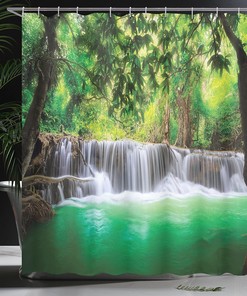 Waterfall Tropical Forest - Green & Brown Shower Curtain, Thailand Bathroom Decor