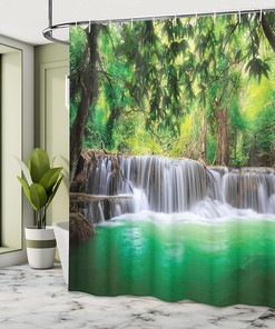 Waterfall Tropical Forest - Green & Brown Shower Curtain, Thailand Bathroom Decor