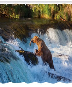 Waterfall Wildlife Shower Curtain with Bear Design for Alaska Bathroom 