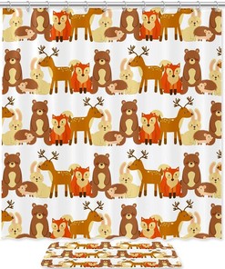 Waterproof Bath Curtain with Bears, Foxes and Deer for Bathrooms