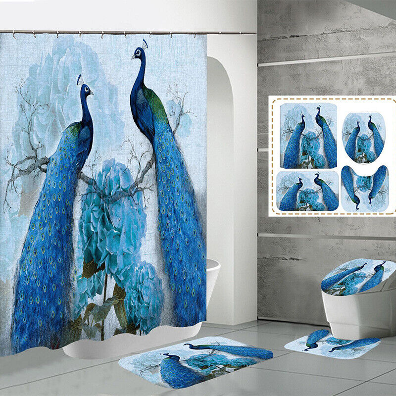 Waterproof Blue Peacock Shower Curtain - Fabric Bath Curtain for Home Bathroom Decor