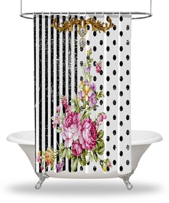 Waterproof Button Hole Shower Drapes with Multiple Artistic Flowers and Polka Dots for Bathroom Decorations