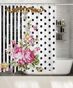 Waterproof Button Hole Shower Drapes with Multiple Artistic Flowers and Polka Dots for Bathroom Decorations
