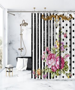 Waterproof Button Hole Shower Drapes with Multiple Artistic Flowers and Polka Dots for Bathroom Decorations