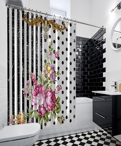 Waterproof Button Hole Shower Drapes with Multiple Artistic Flowers and Polka Dots for Bathroom Decorations
