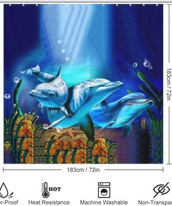 Waterproof Dolphins Shower Curtain with Grommets for Bathroom Decoration