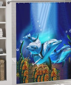 Waterproof Dolphins Shower Curtain with Grommets for Bathroom Decoration