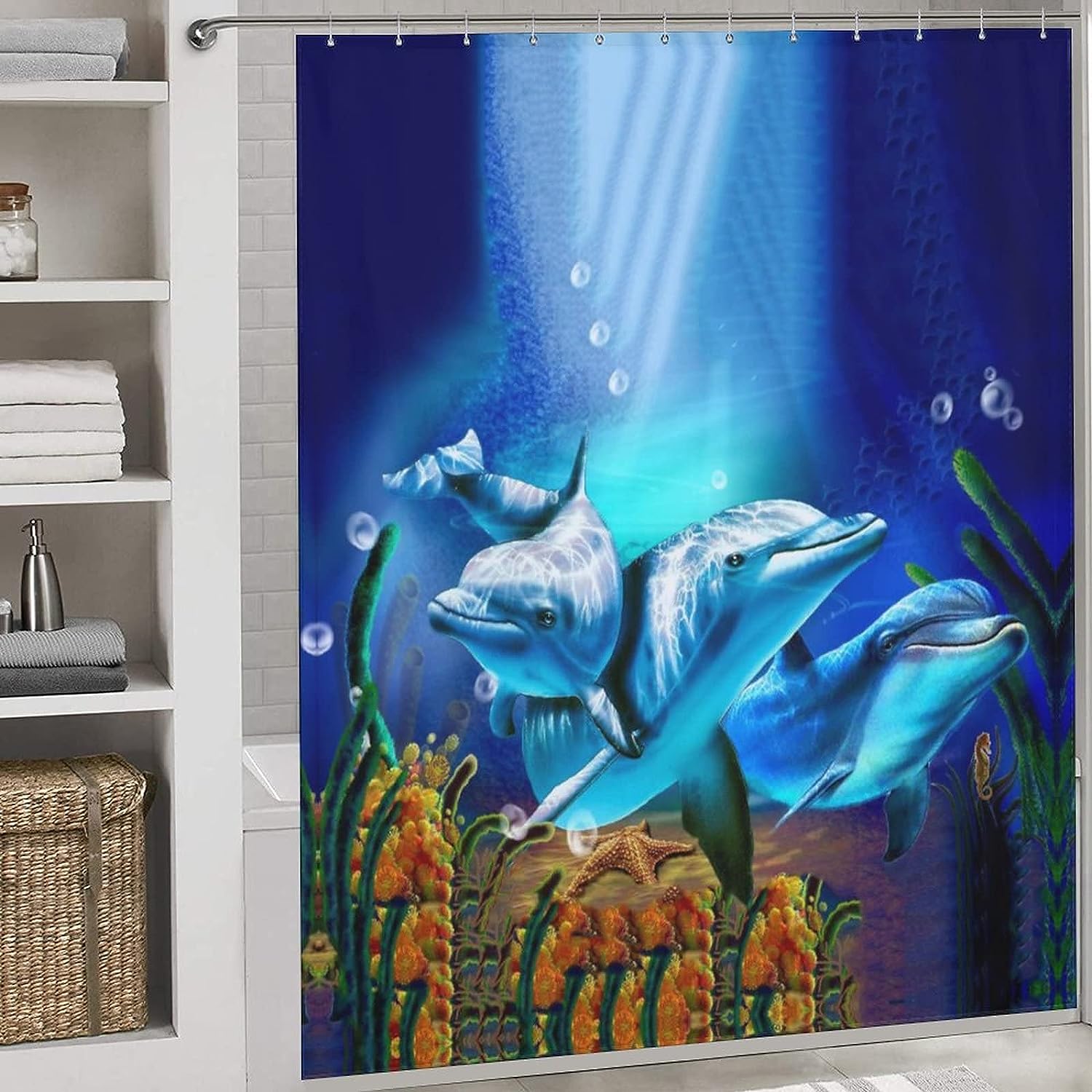 Waterproof Dolphins Shower Curtain with Grommets for Bathroom