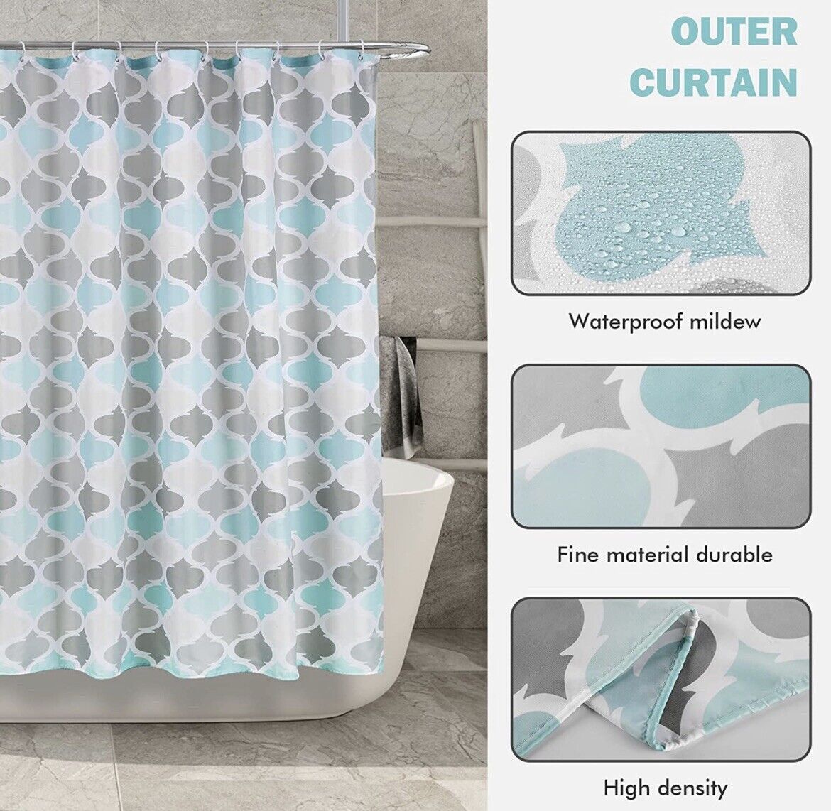 Waterproof Geometric Fabric Cloth Shower Curtain in Blue Grey