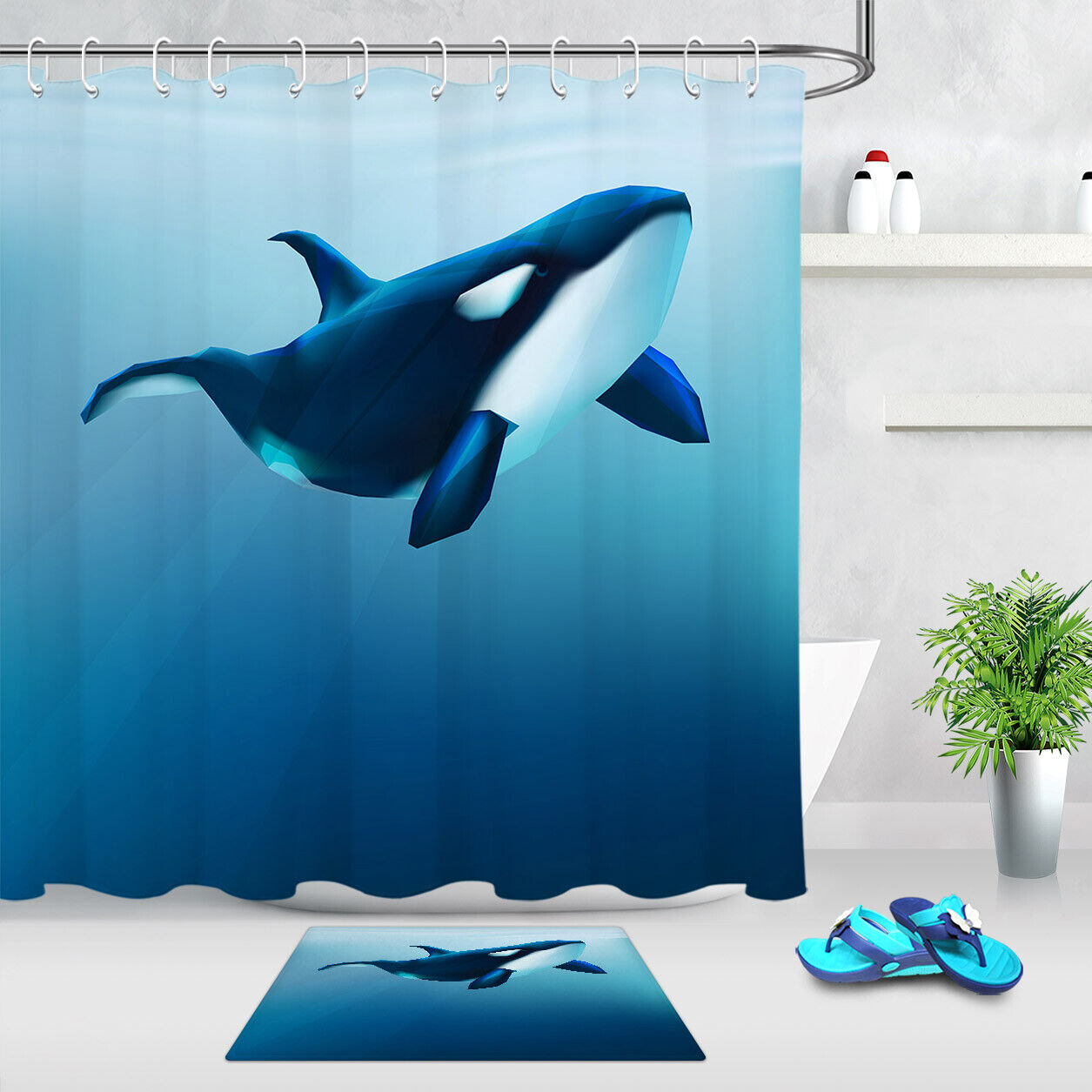 Waterproof Shower Curtain - Swimming Orca Killer Whale Shower Curtain in Blue Ocean
