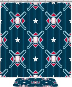 Waterproof Shower Curtain with Baseball Blue Sport Print for Sports Fans Bathroom Decor 