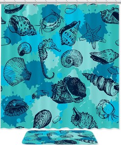 Waterproof Shower Curtain with Blue Water Sea Horse Shells Starfish Conch Crab - Bathroom Decor