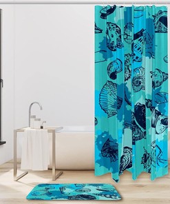 Waterproof Shower Curtain with Blue Water Sea Horse Shells Starfish Conch Crab - Bathroom Decor