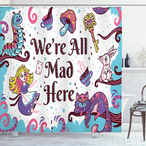 Welcome to Wonderland Mushroom Printed Shower Curtain, Black Green Bathroom Decor