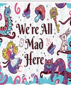 Welcome to Wonderland Mushroom Printed Shower Curtain, Black Green Bathroom Decor