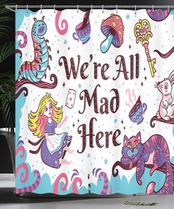 Welcome to Wonderland Mushroom Printed Shower Curtain, Black Green Bathroom Decor 