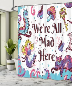Welcome to Wonderland Mushroom Printed Shower Curtain, Black Green Bathroom Decor 