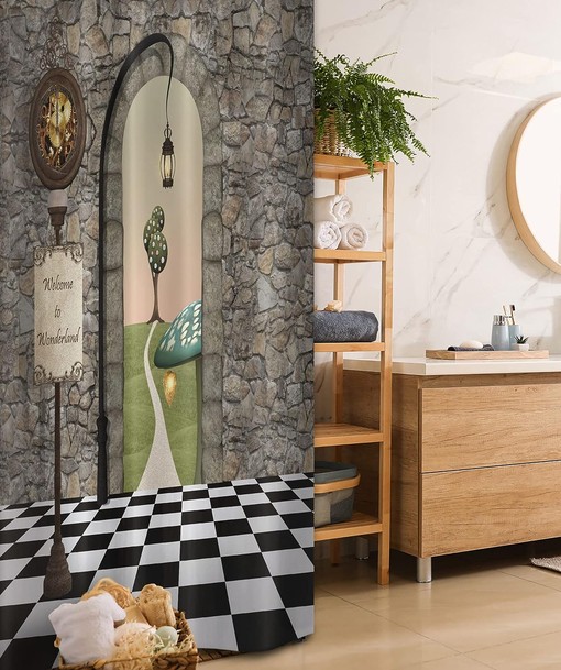Welcome to Wonderland Mushroom Printed Stall Shower Curtain, Multicolor Bathroom Decor