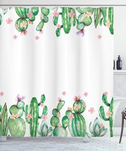Western Landscape Shower Curtain, Saguaro Cask Hedge Hog Prickly Pear Opuntia Tropical Botany Garden Plants Print for Bathroom Decor