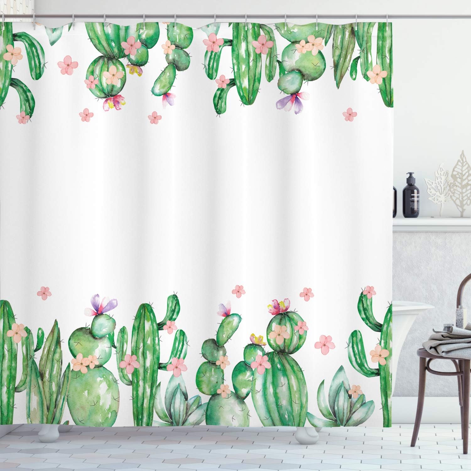 Western Landscape Shower Curtain, Saguaro Cask Hedge Hog Prickly Pear Opuntia Tropical Botany Garden Plants Print for Bathroom Decor