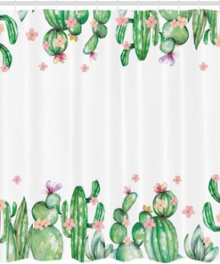 Western Landscape Shower Curtain, Saguaro Cask Hedge Hog Prickly Pear Opuntia Tropical Botany Garden Plants Print for Bathroom Decor
