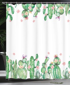 Western Landscape Shower Curtain, Saguaro Cask Hedge Hog Prickly Pear Opuntia Tropical Botany Garden Plants Print for Bathroom Decor