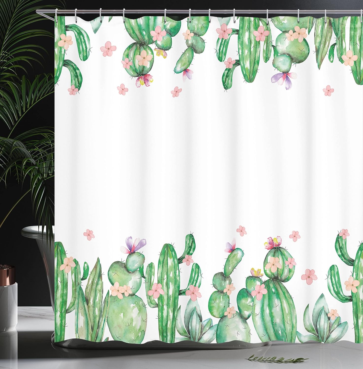 Western Landscape Shower Curtain, Saguaro Cask Hedge Hog Prickly Pear Opuntia Tropical Botany Garden Plants Print for Bathroom Decor