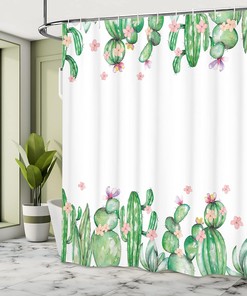 Western Landscape Shower Curtain, Saguaro Cask Hedge Hog Prickly Pear Opuntia Tropical Botany Garden Plants Print for Bathroom Decor