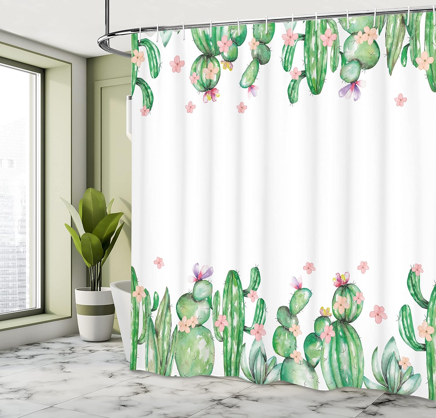 Western Landscape Shower Curtain, Saguaro Cask Hedge Hog Prickly Pear Opuntia Tropical Botany Garden Plants Print for Bathroom Decor