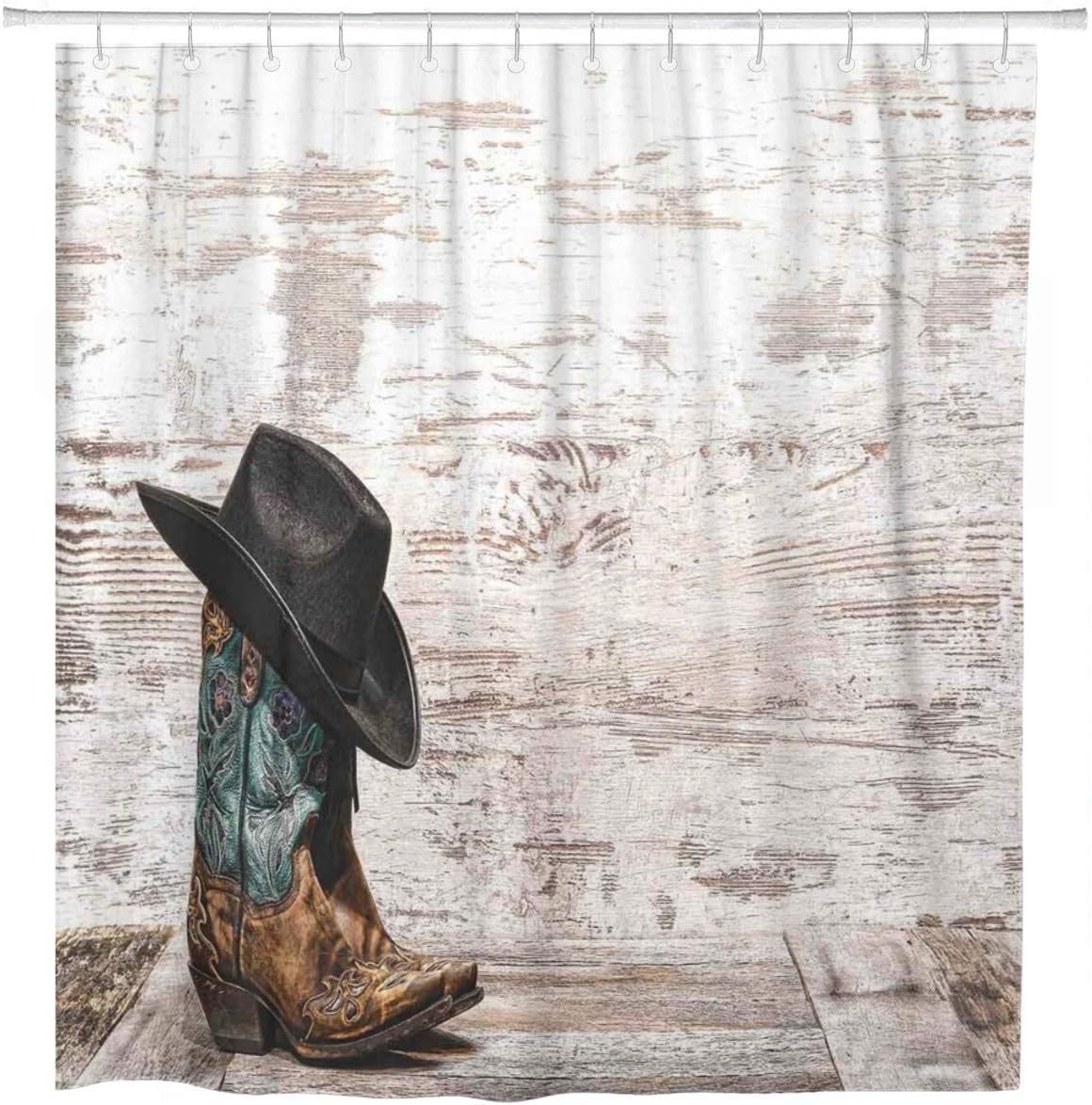 Western Traditional Rodeo Cowboy Hat and Cowgirl Boots Home Bathroom Decor Fabric Waterproof Shower Curtain